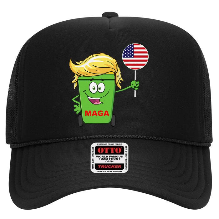 Funny Trump Maga Cartoon Garbage Can American Flag Gift High Crown Mesh Back Trucker Hat