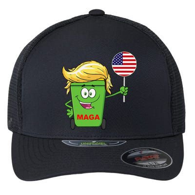 Funny Trump Maga Cartoon Garbage Can American Flag Gift Flexfit Unipanel Trucker Cap