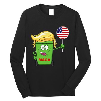 Funny Trump Maga Cartoon Garbage Can American Flag Gift Long Sleeve Shirt