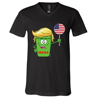 Funny Trump Maga Cartoon Garbage Can American Flag Gift V-Neck T-Shirt