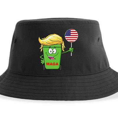 Funny Trump Maga Cartoon Garbage Can American Flag Gift Sustainable Bucket Hat