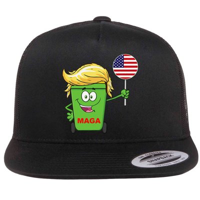 Funny Trump Maga Cartoon Garbage Can American Flag Gift Flat Bill Trucker Hat