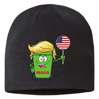 Funny Trump Maga Cartoon Garbage Can American Flag Gift Sustainable Beanie