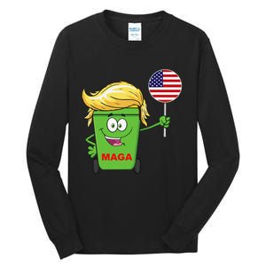 Funny Trump Maga Cartoon Garbage Can American Flag Gift Tall Long Sleeve T-Shirt