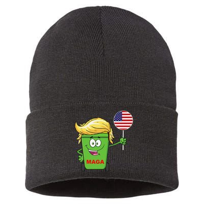 Funny Trump Maga Cartoon Garbage Can American Flag Gift Sustainable Knit Beanie