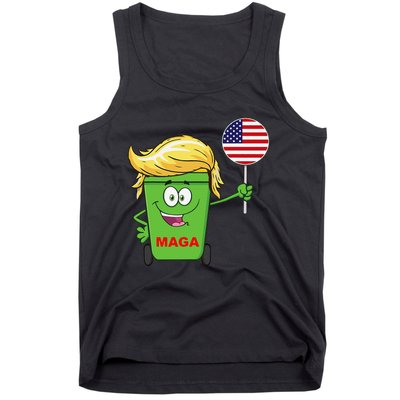 Funny Trump Maga Cartoon Garbage Can American Flag Gift Tank Top