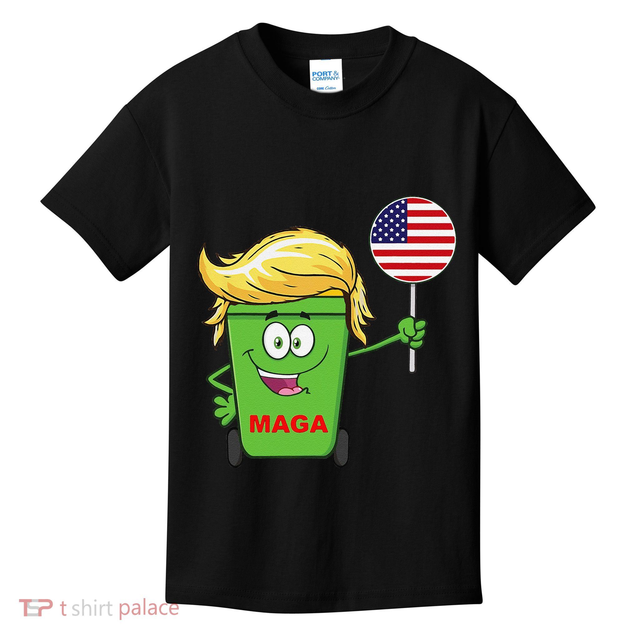 Funny Trump Maga Cartoon Garbage Can American Flag Gift Kids T-Shirt