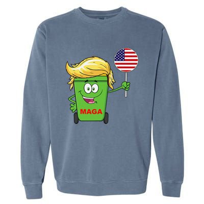 Funny Trump Maga Cartoon Garbage Can American Flag Gift Garment-Dyed Sweatshirt