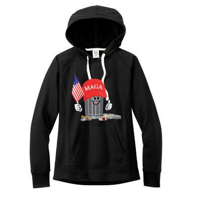 Funny Trump Maga Garbage Can Cartoon Character American Flag Gift Women's Fleece Hoodie