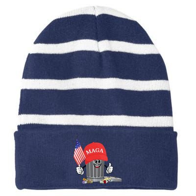 Funny Trump Maga Garbage Can Cartoon Character American Flag Gift Striped Beanie with Solid Band