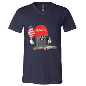 Funny Trump Maga Garbage Can Cartoon Character American Flag Gift V-Neck T-Shirt