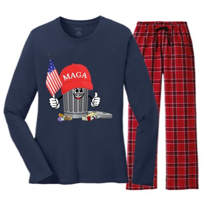 Funny Trump Maga Garbage Can Cartoon Character American Flag Gift Women's Long Sleeve Flannel Pajama Set 