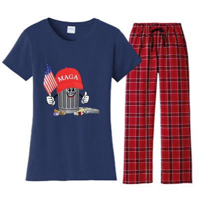 Funny Trump Maga Garbage Can Cartoon Character American Flag Gift Women's Flannel Pajama Set