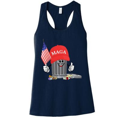 Funny Trump Maga Garbage Can Cartoon Character American Flag Gift Women's Racerback Tank