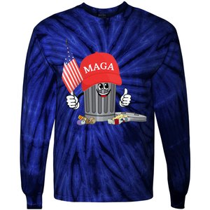 Funny Trump Maga Garbage Can Cartoon Character American Flag Gift Tie-Dye Long Sleeve Shirt