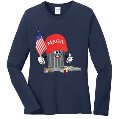 Funny Trump Maga Garbage Can Cartoon Character American Flag Gift Ladies Long Sleeve Shirt