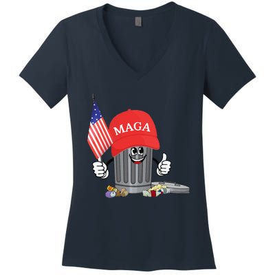 Funny Trump Maga Garbage Can Cartoon Character American Flag Gift Women's V-Neck T-Shirt