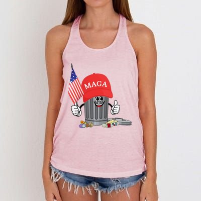 Funny Trump Maga Garbage Can Cartoon Character American Flag Gift Women's Knotted Racerback Tank