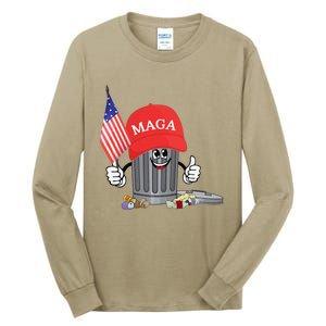 Funny Trump Maga Garbage Can Cartoon Character American Flag Gift Tall Long Sleeve T-Shirt