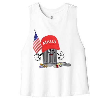 Funny Trump Maga Garbage Can Cartoon Character American Flag Gift Women's Racerback Cropped Tank