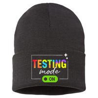 Funny Testing Mode On Motivational Test Day For Teacher Sustainable Knit Beanie