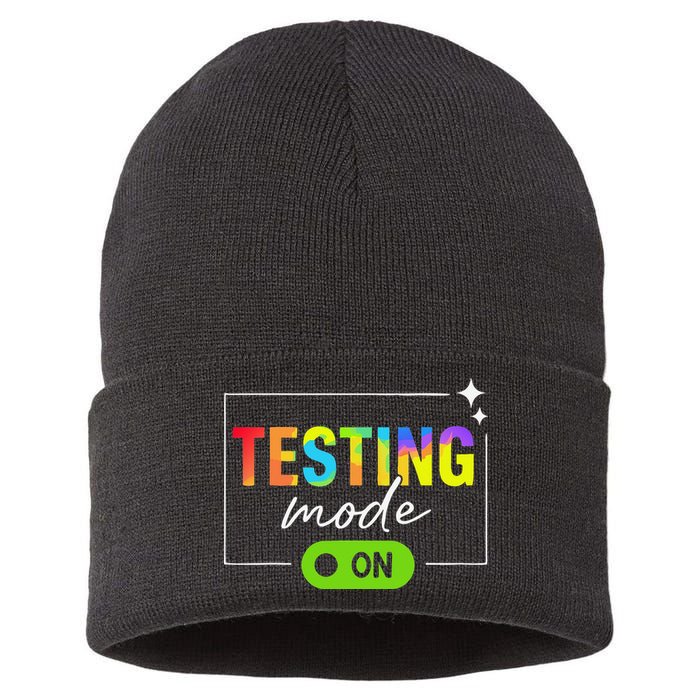 Funny Testing Mode On Motivational Test Day For Teacher Sustainable Knit Beanie