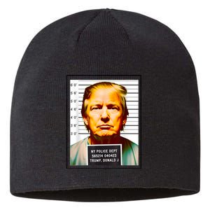 Funny Trump Mugshot Parody AI DC Georgia NYC Indictment Sustainable Beanie