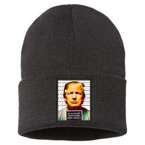 Funny Trump Mugshot Parody AI DC Georgia NYC Indictment Sustainable Knit Beanie