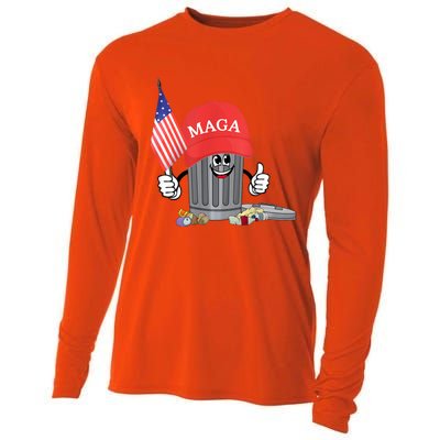 Funny Trump Maga Garbage Can Cartoon Character American Flag Cooling Performance Long Sleeve Crew