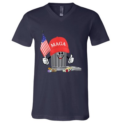 Funny Trump Maga Garbage Can Cartoon Character American Flag V-Neck T-Shirt