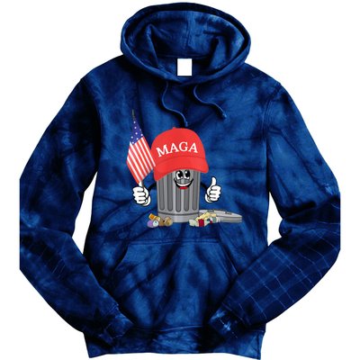 Funny Trump Maga Garbage Can Cartoon Character American Flag Tie Dye Hoodie