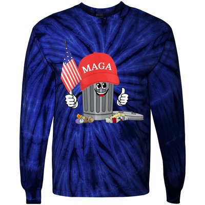 Funny Trump Maga Garbage Can Cartoon Character American Flag Tie-Dye Long Sleeve Shirt