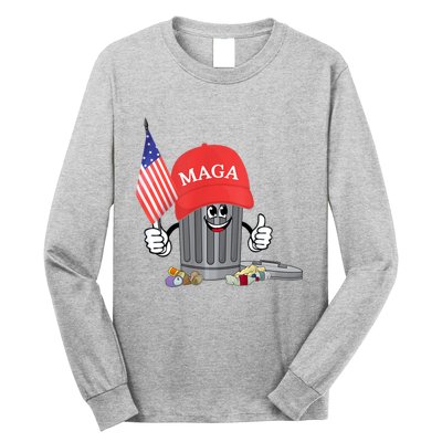 Funny Trump Maga Garbage Can Cartoon Character American Flag Long Sleeve Shirt