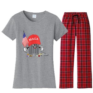 Funny Trump Maga Garbage Can Cartoon Character American Flag Women's Flannel Pajama Set