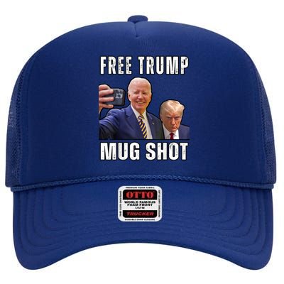 Free Trump Mugshot President Joe Biden Selfie Halloween High Crown Mesh Back Trucker Hat