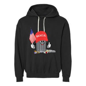 Funny Trump Maga Garbage Can Cartoon Character American Flag Garment-Dyed Fleece Hoodie