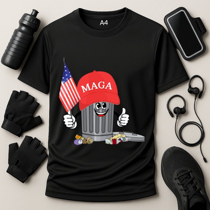 Funny Trump Maga Garbage Can Cartoon Character American Flag Cooling Performance Crew T-Shirt