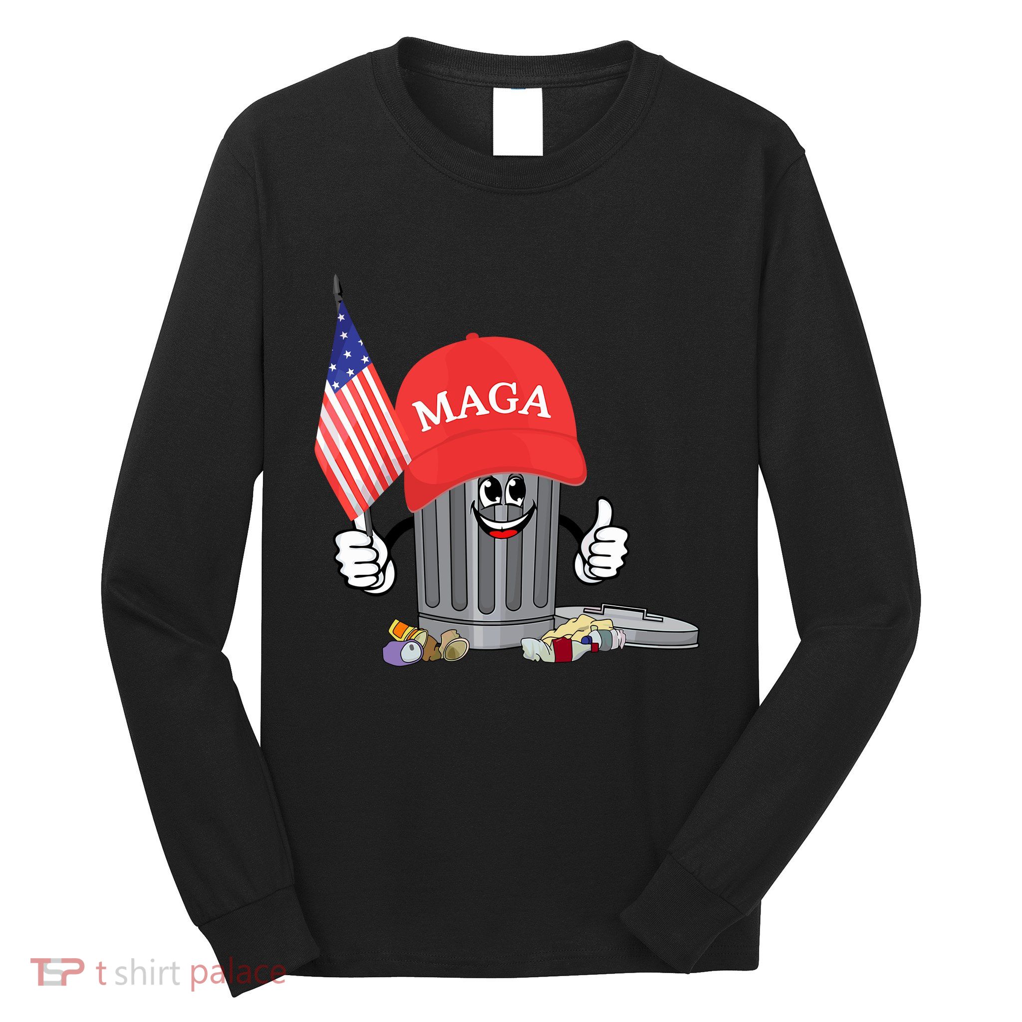 Funny Trump Maga Garbage Can Cartoon Character American Flag Long Sleeve Shirt