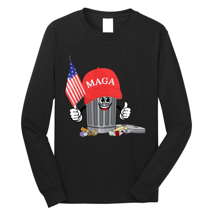 Funny Trump Maga Garbage Can Cartoon Character American Flag Long Sleeve Shirt