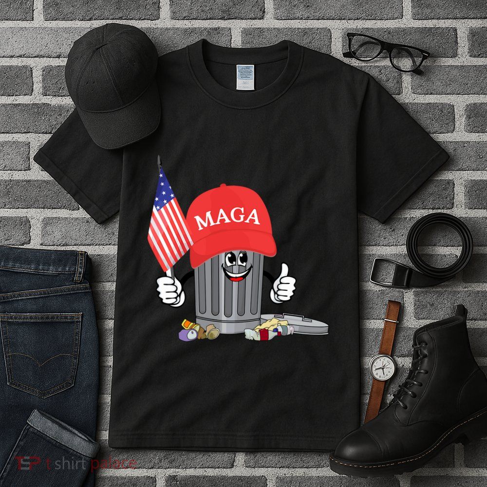 Funny Trump Maga Garbage Can Cartoon Character American Flag Tall T-Shirt