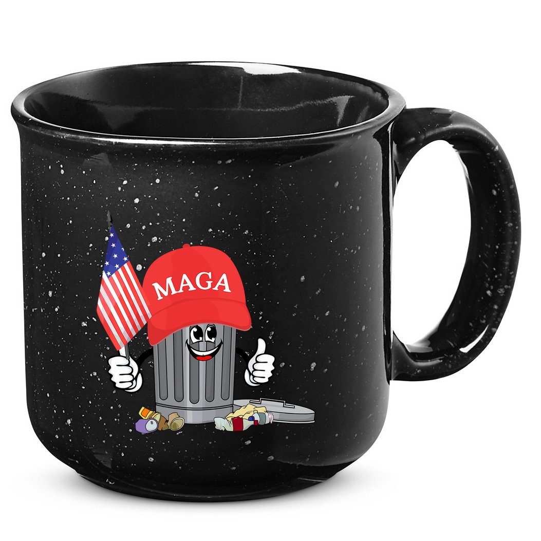 Funny Trump Maga Garbage Can Cartoon Character American Flag 15oz Campfire Ceramic Mug