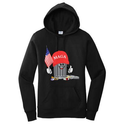 Funny Trump Maga Garbage Can Cartoon Character American Flag Women's Pullover Hoodie