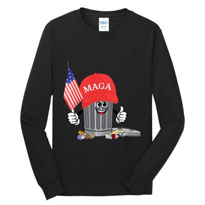 Funny Trump Maga Garbage Can Cartoon Character American Flag Tall Long Sleeve T-Shirt