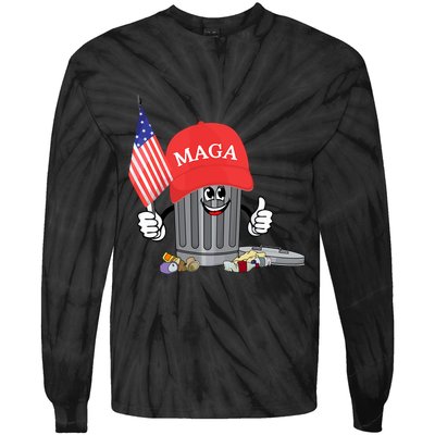 Funny Trump Maga Garbage Can Cartoon Character American Flag Tie-Dye Long Sleeve Shirt