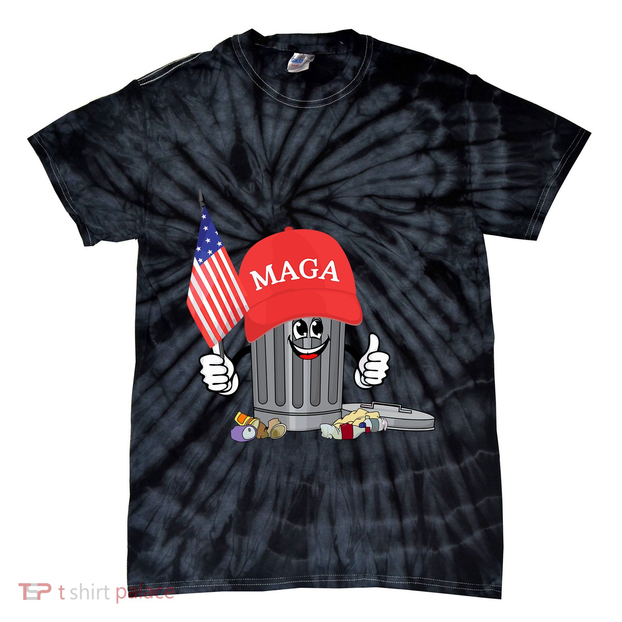 Funny Trump Maga Garbage Can Cartoon Character American Flag Tie-Dye T-Shirt