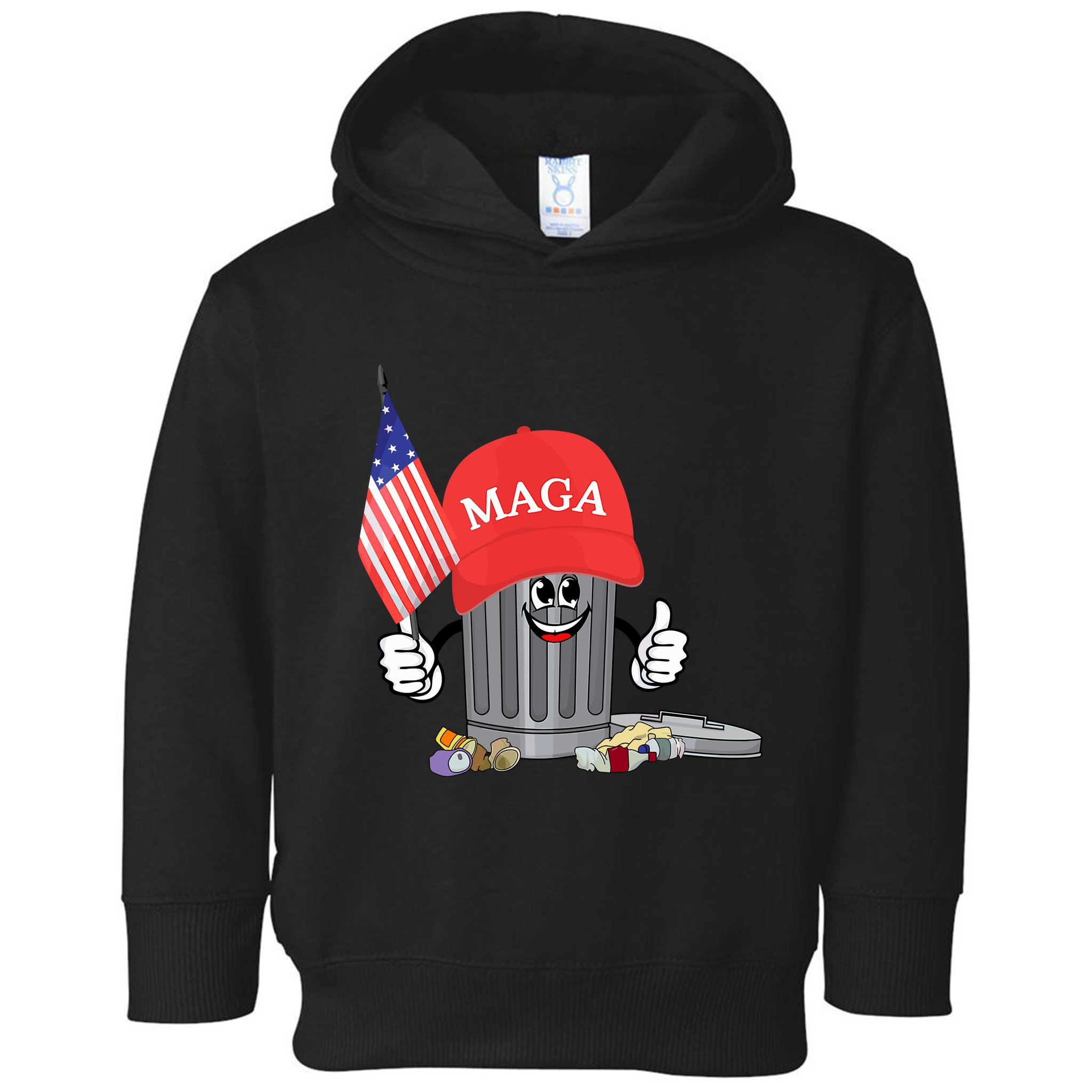 Funny Trump Maga Garbage Can Cartoon Character American Flag Toddler Hoodie