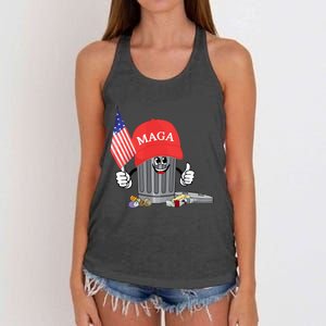 Funny Trump Maga Garbage Can Cartoon Character American Flag Women's Knotted Racerback Tank