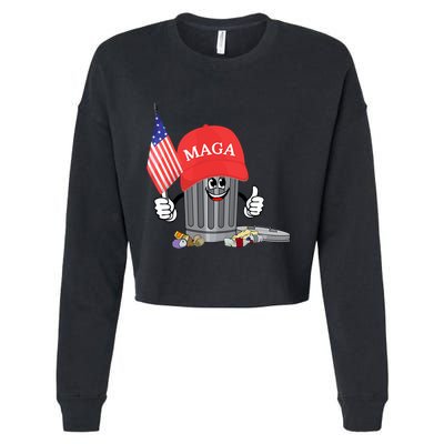 Funny Trump Maga Garbage Can Cartoon Character American Flag Cropped Pullover Crew