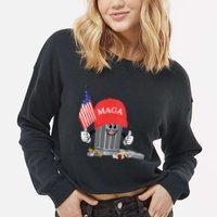Funny Trump Maga Garbage Can Cartoon Character American Flag Cropped Pullover Crew