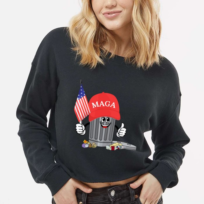 Funny Trump Maga Garbage Can Cartoon Character American Flag Cropped Pullover Crew